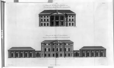 Elevation of the north front of Kenwood, towards the court ; Elevation of the south front of Kenwood, towards the gardens / R. Adam, architect, 1768 ; T. Miller, sculpt.