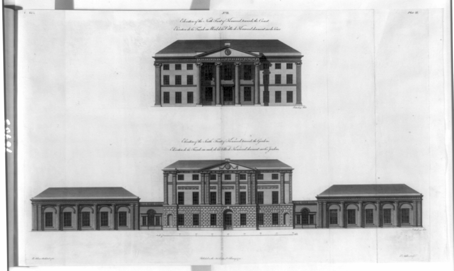 Elevation of the north front of Kenwood, towards the court ; Elevation of the south front of Kenwood, towards the gardens / R. Adam, architect, 1768 ; T. Miller, sculpt., 1774 — antique engraving
