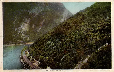 Water Gap, PA. hand-colored postcard of river gorge and road