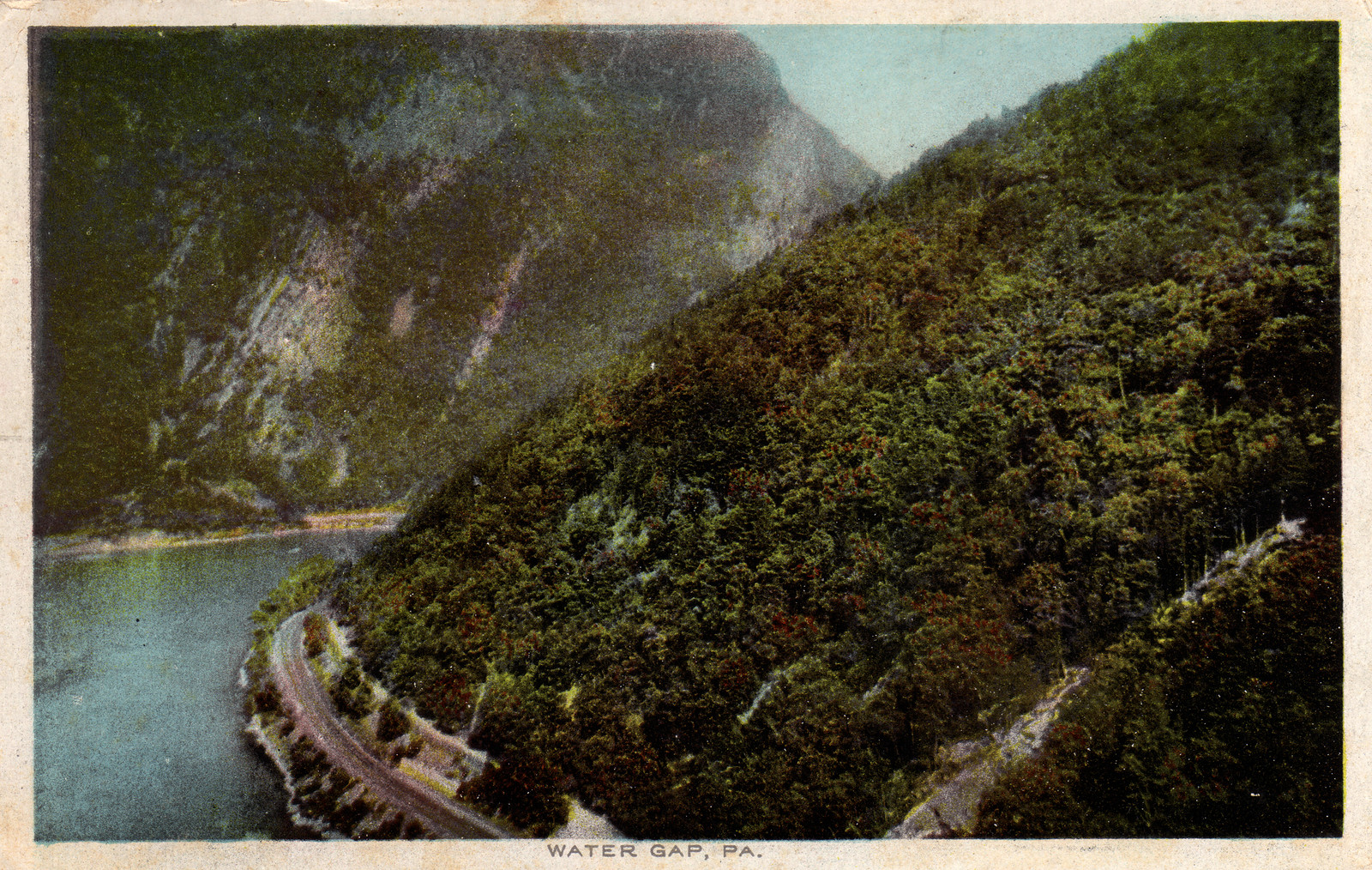 Water Gap, PA. hand-colored postcard of river gorge and road — vintage postcard