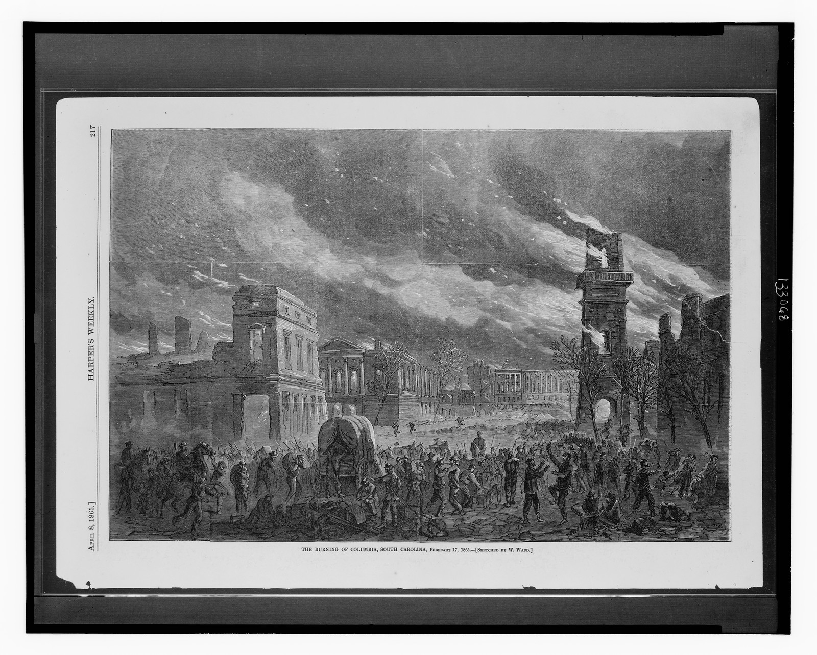 The burning of Columbia, South Carolina, February 17, 1865 / sketched by W. Waud., 1865 April 8. — antique engraving