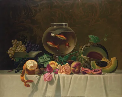 Still life with goldfish bowl, melon, peaches and roses