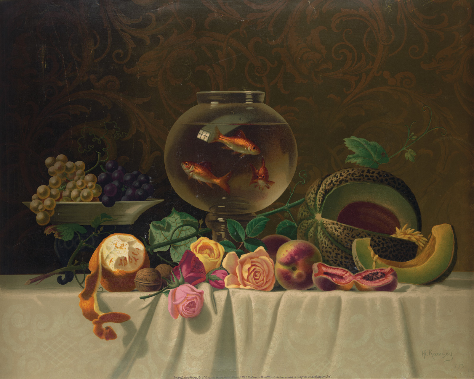 Still life with goldfish bowl, melon, peaches and roses — historic image