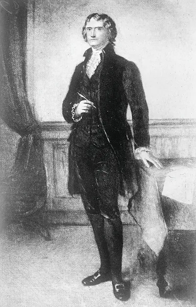 Full-length painted portrait of a standing man holding a pen