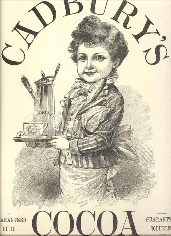 Cadbury's Cocoa advertisement with child waiter holding tray — historic image