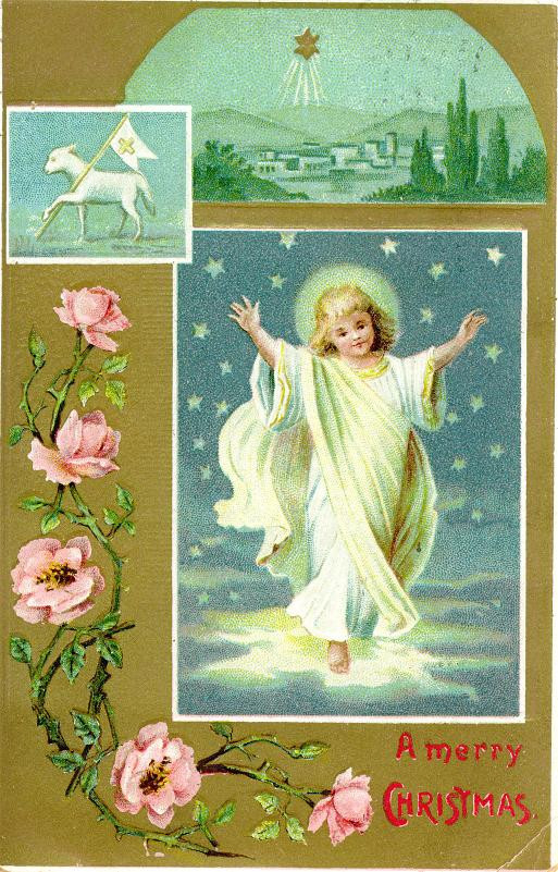 A Merry Christmas postcard with haloed child and roses — vintage postcard