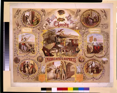 Faith, hope, charity. Inebriate's express / N.Y. Lithographing, Engraving & Printing Co., New York.