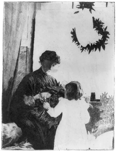 [Christmas greens. Woman and girl fashioning decorations]