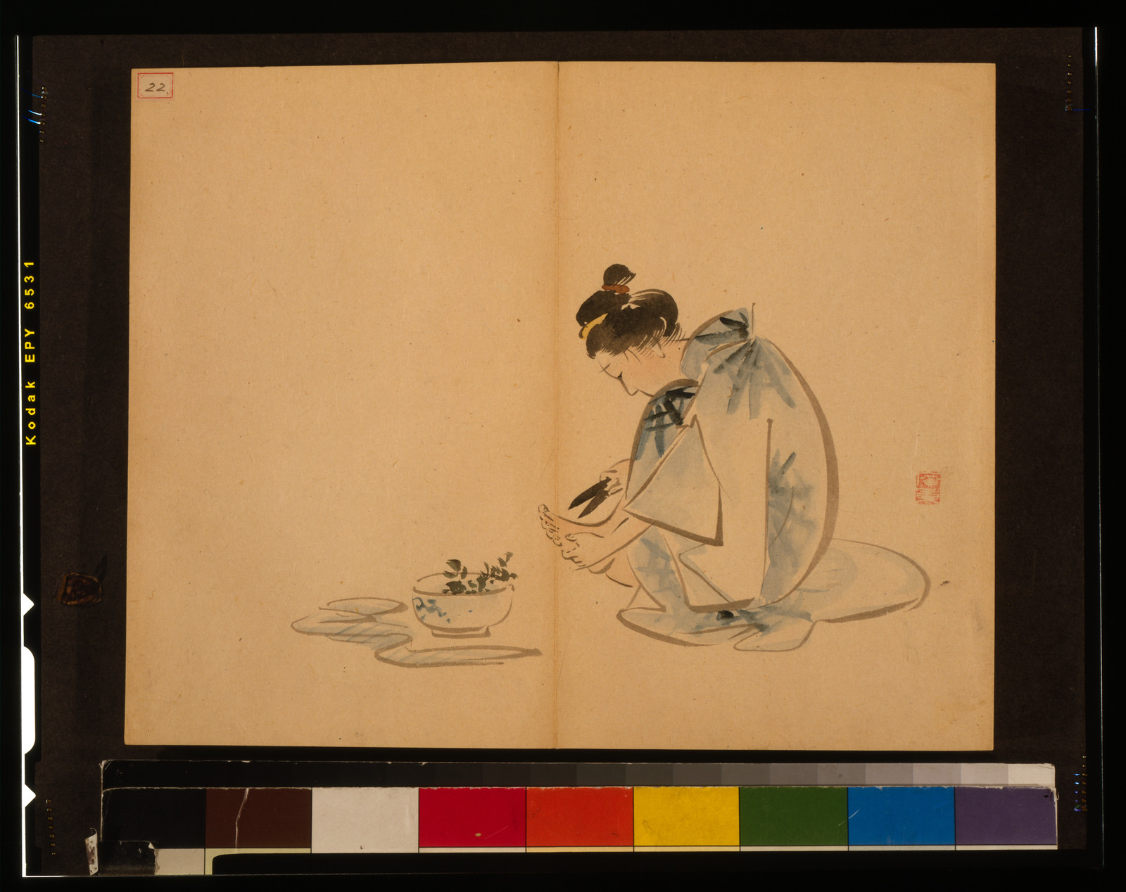 Kneeling woman in blue kimono beside a bowl of plants — historic print