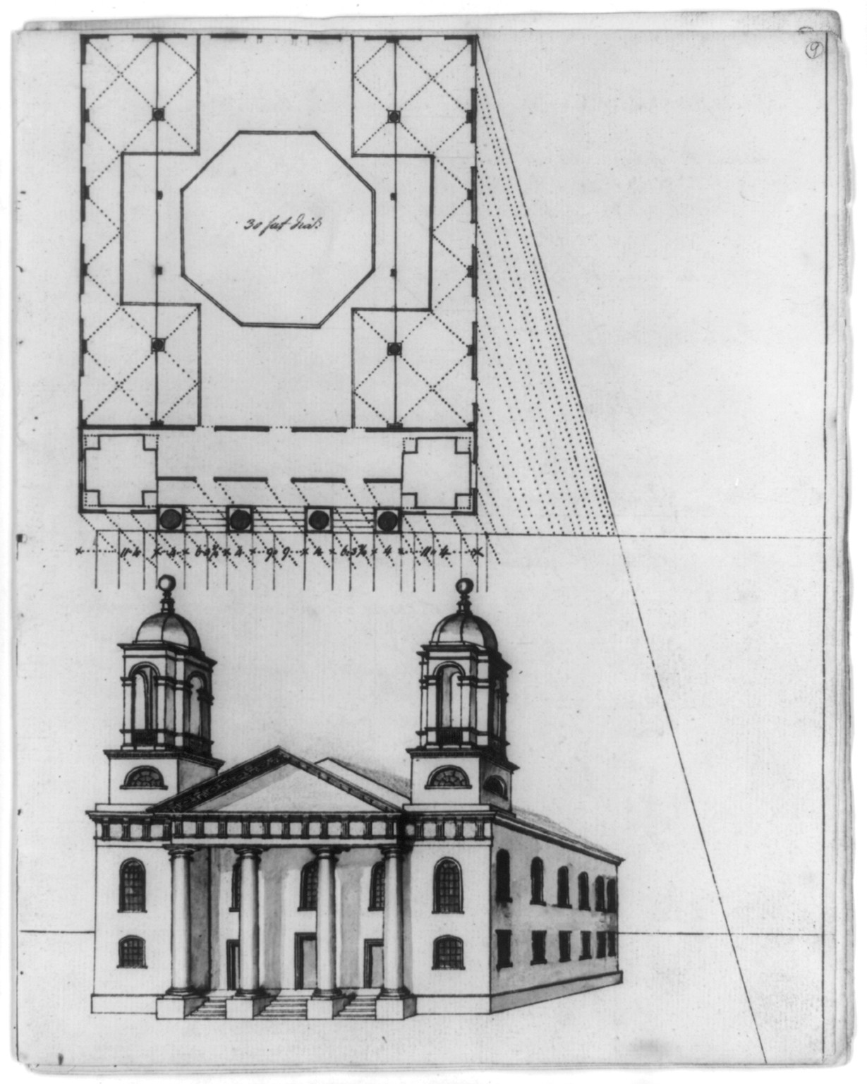 [Meeting house (Hollis Street, Boston, Mass.). Plan and perspective], [between 1803 and 1827] — historic drawing
