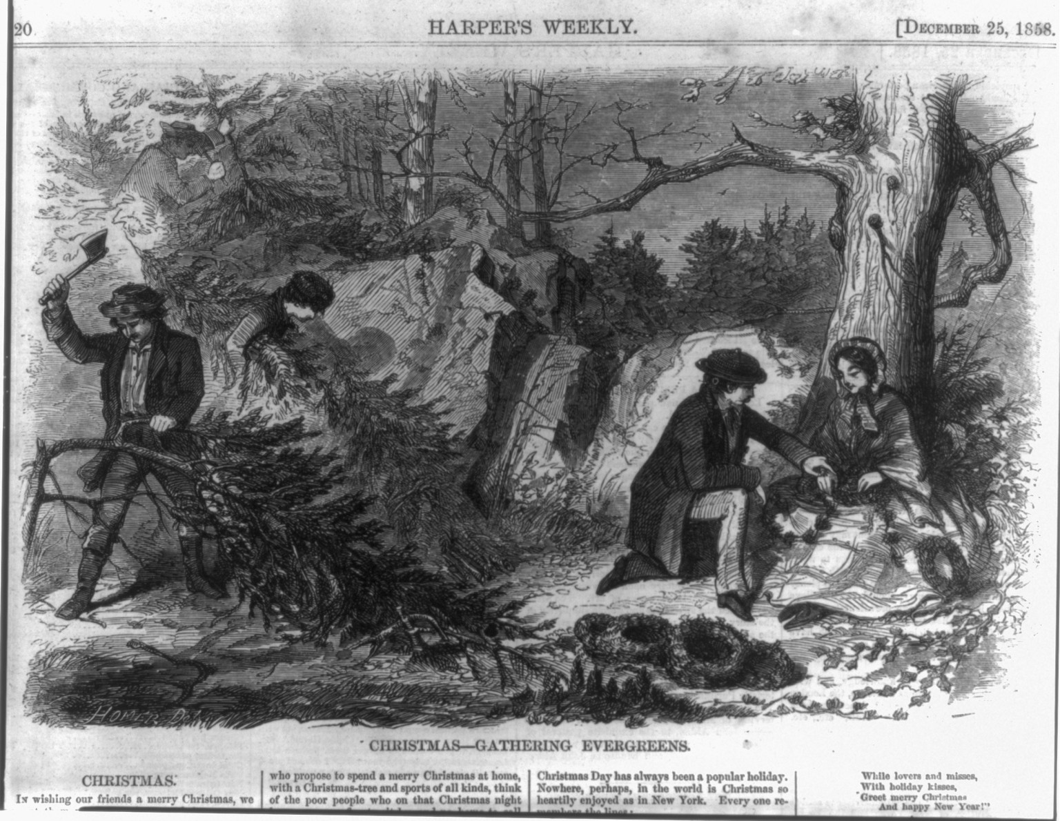 Christmas - Gathering Evergreens, [1858] — antique engraving