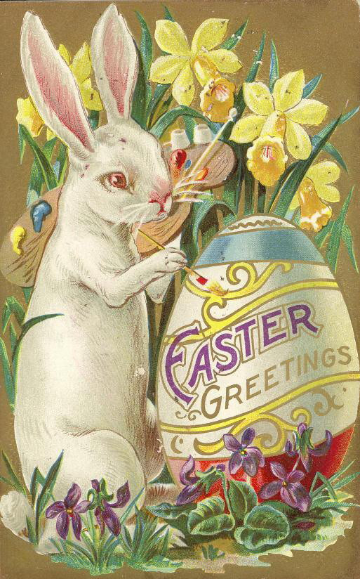 Easter Greetings card with a painting rabbit and decorated egg — historic image