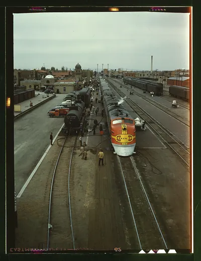 Santa Fe streamliner diesel train at a station, New Mexico