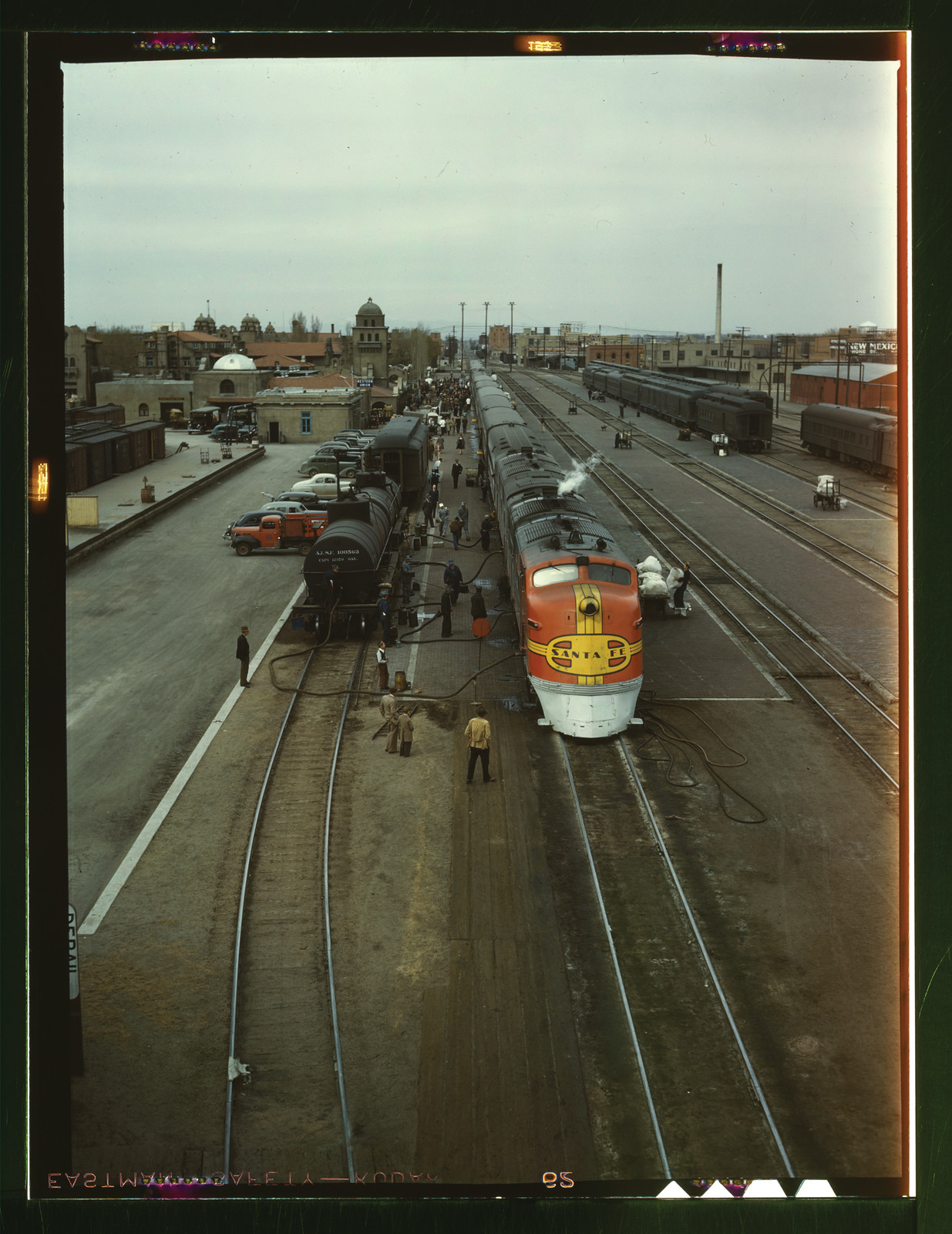 Santa Fe streamliner diesel train at a station, New Mexico — historic image