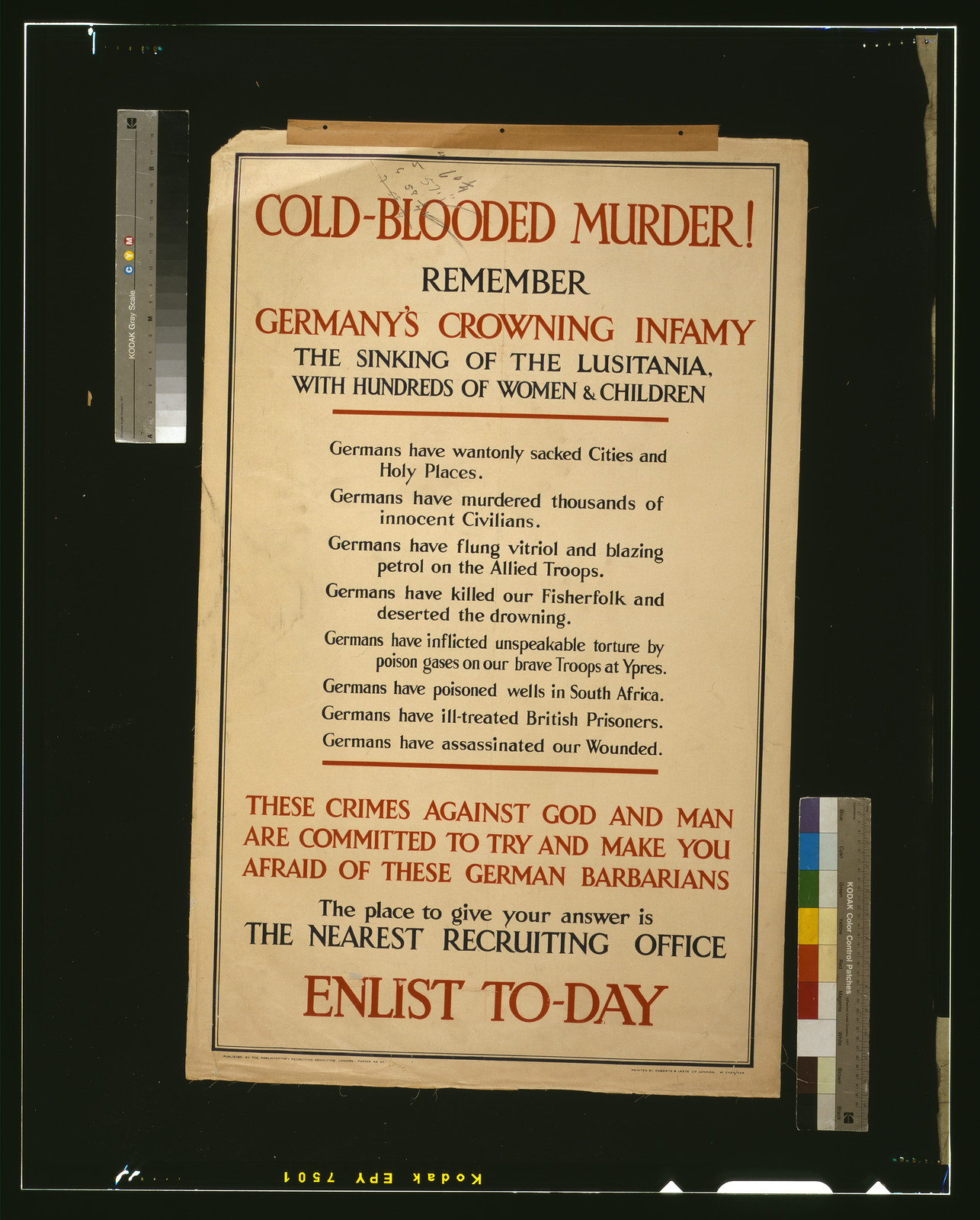 Cold-blooded murder! Remember... Enlist to-day / printed by Roberts & Leete Ltd. London., London : Parliamentary Recruiting Committee, [1915] — vintage poster