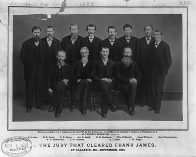 The jury that cleared Frank James, at Gallatin, Mo., September 1883: J. Snyder, B.F. Feurt, C.R. Nance, Jos. B. Smith, B.H. Shellman, William R. Merritt, Jason Winburn, Oscar Chamberlain, W.F. Richardson, L.W. Gilreath, R.E. Hale and J.W. Boggs posed