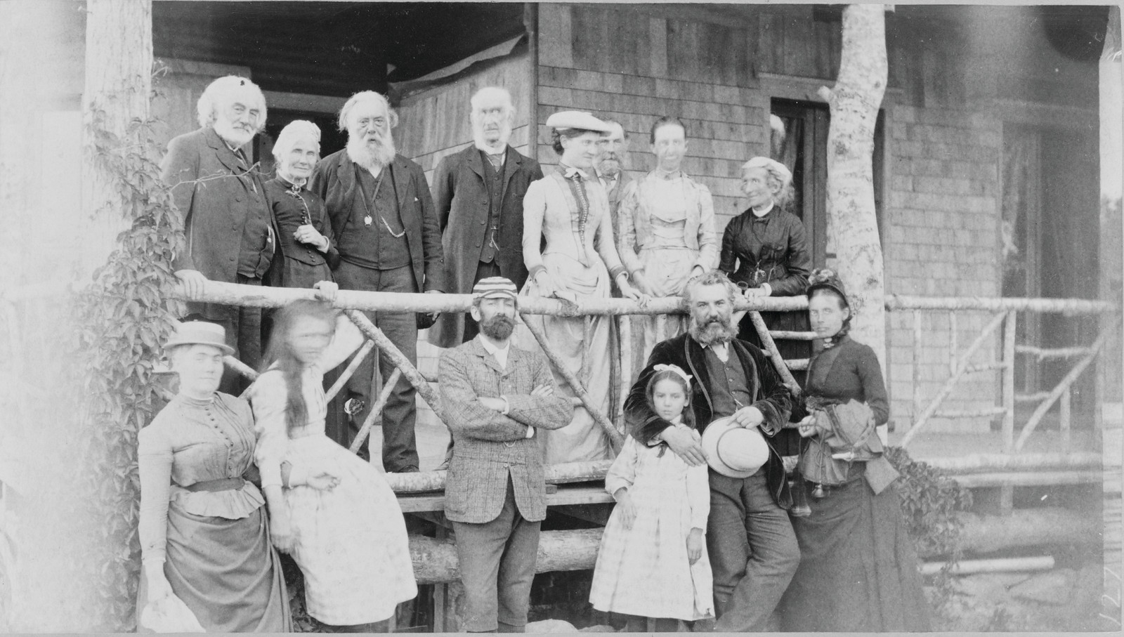 Alexander Graham Bell With His Family And Friends At The Lodge, Baddeck, Nova Scotia. film copy neg.). Forms part of Gilbert H. Grosvenor Collection of Photographs of the Alexander Graham Bell Family, Library of Congress, c. 1890 — historic photograph