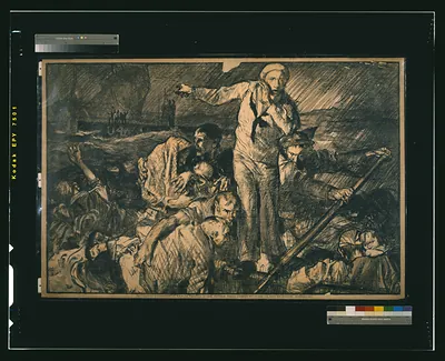 [Sailors and others in a lifeboat as one sailor gestures to a submarine in the background] / F. Brangwyn A.R.A.
