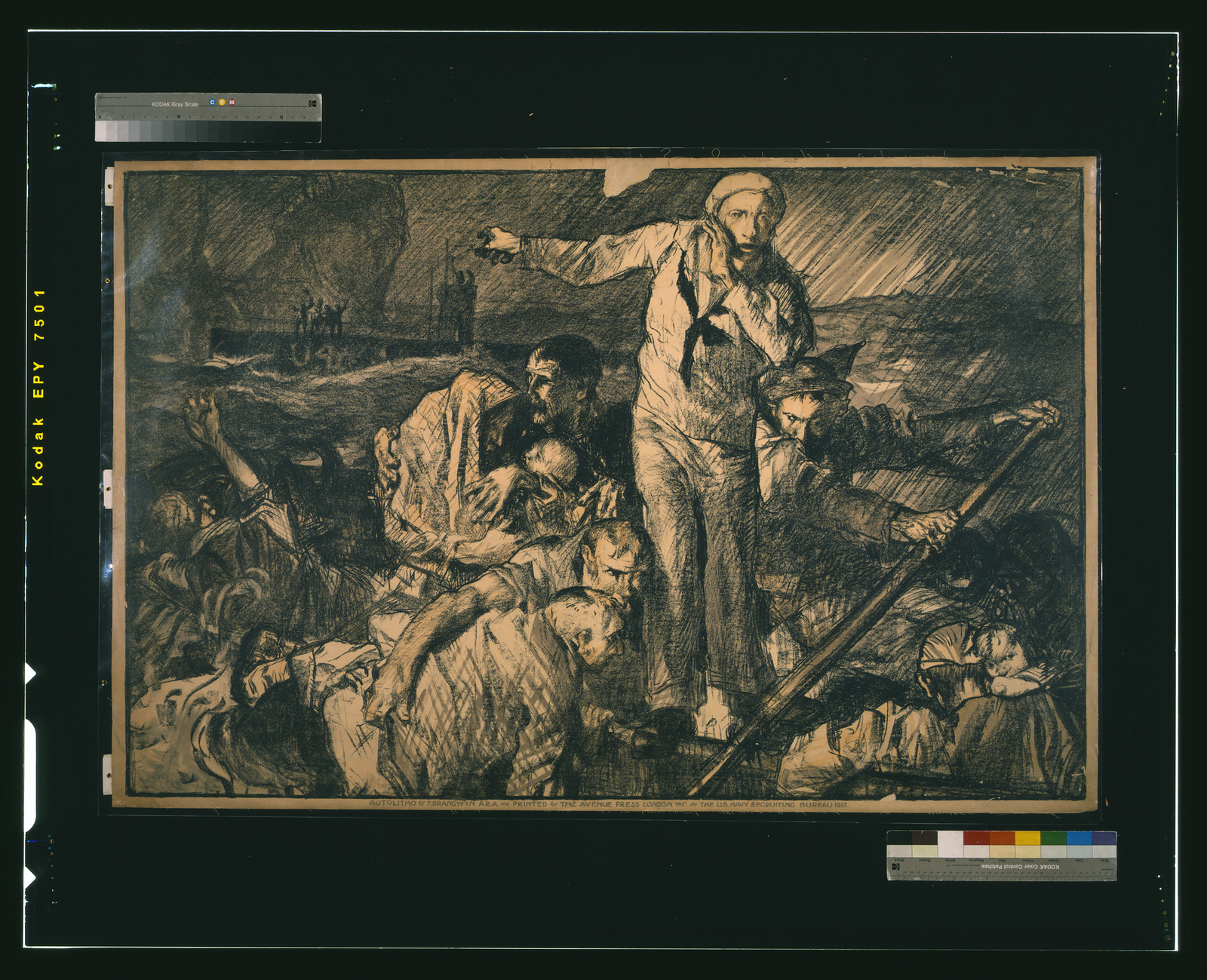 [Sailors and others in a lifeboat as one sailor gestures to a submarine in the background] / F. Brangwyn A.R.A., 1917 — vintage poster