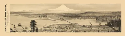 Panoramic bird's-eye map of river town below snow-capped peak
