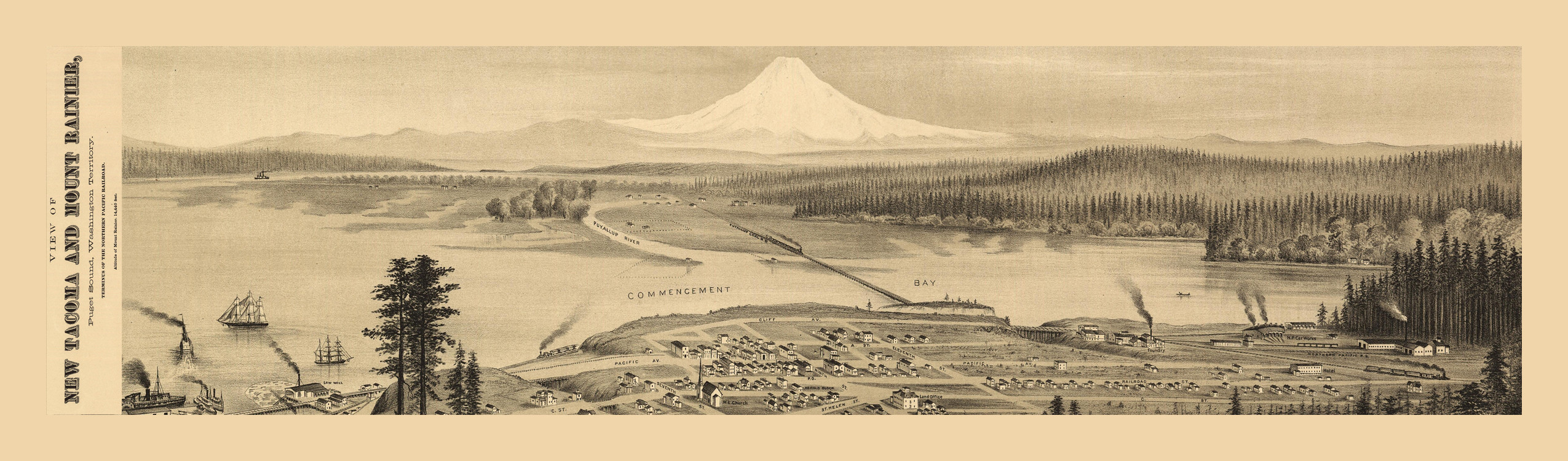 Panoramic bird's-eye map of river town below snow-capped peak — antique map