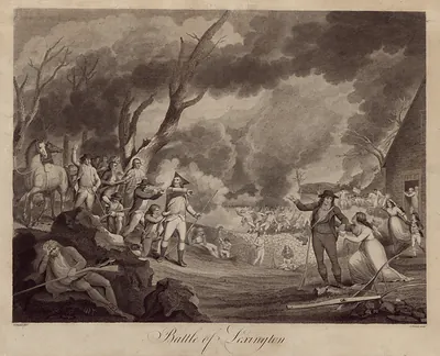 Battle of Lexington engraving with militia, smoke and fallen soldier