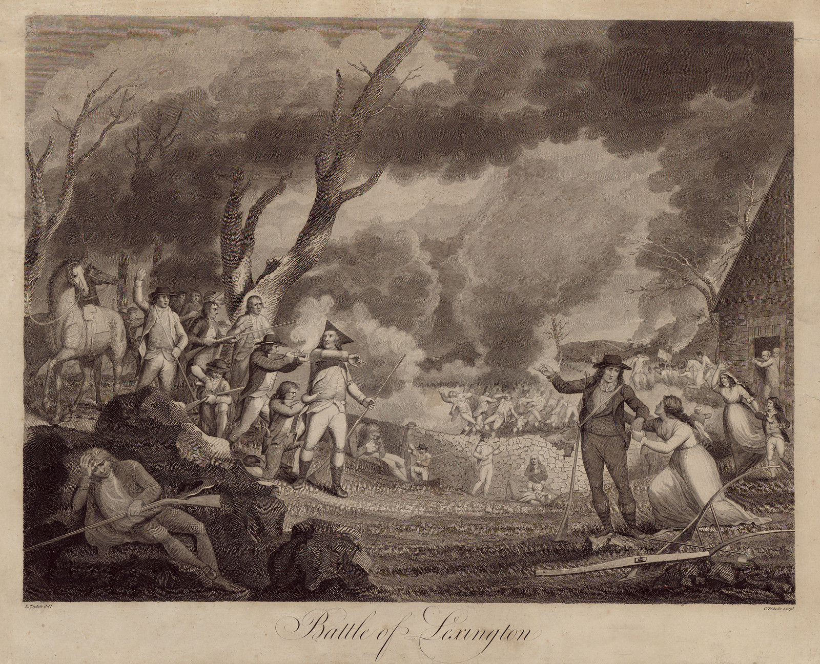 Battle of Lexington engraving with militia, smoke and fallen soldier — antique engraving