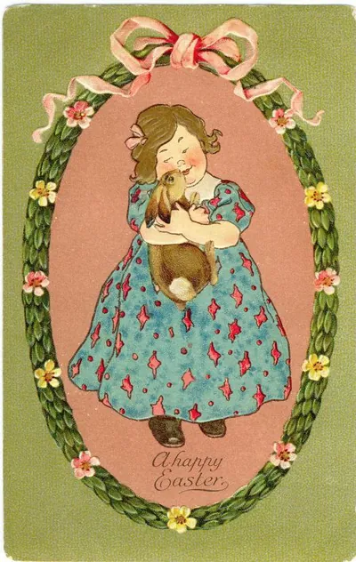 Girl hugging a rabbit, A happy Easter postcard
