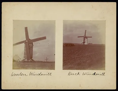 Wooden windmill and brick windmill, two photographs on mount