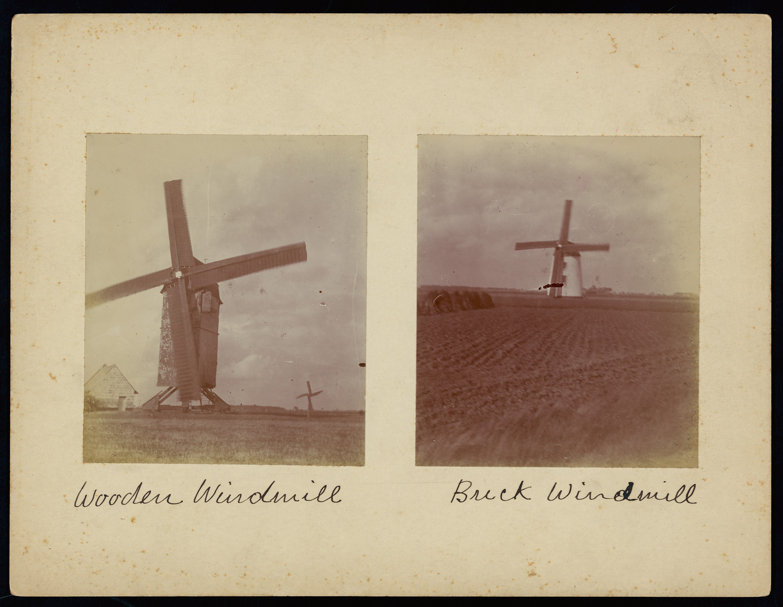 Wooden windmill and brick windmill, two photographs on mount — historic photograph