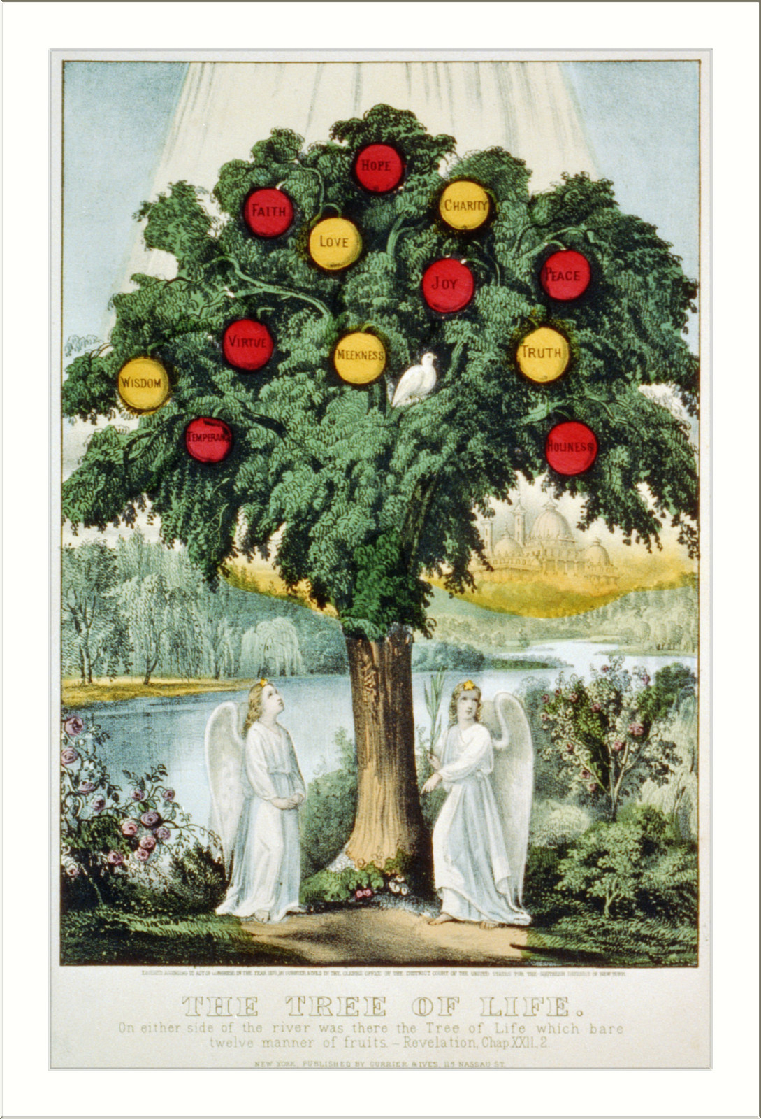 The tree of life: on either side of the river was there the tree of life which bare twelve manner of fruits.--Revelation chap. XXII,2, New York : Published by Currier & Ives, c1870. — antique lithograph