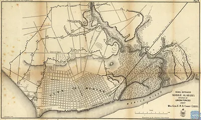 Rebel defences Mobile Alabama occupied by Union forces under Maj Gen ERS Canby, Alabama
