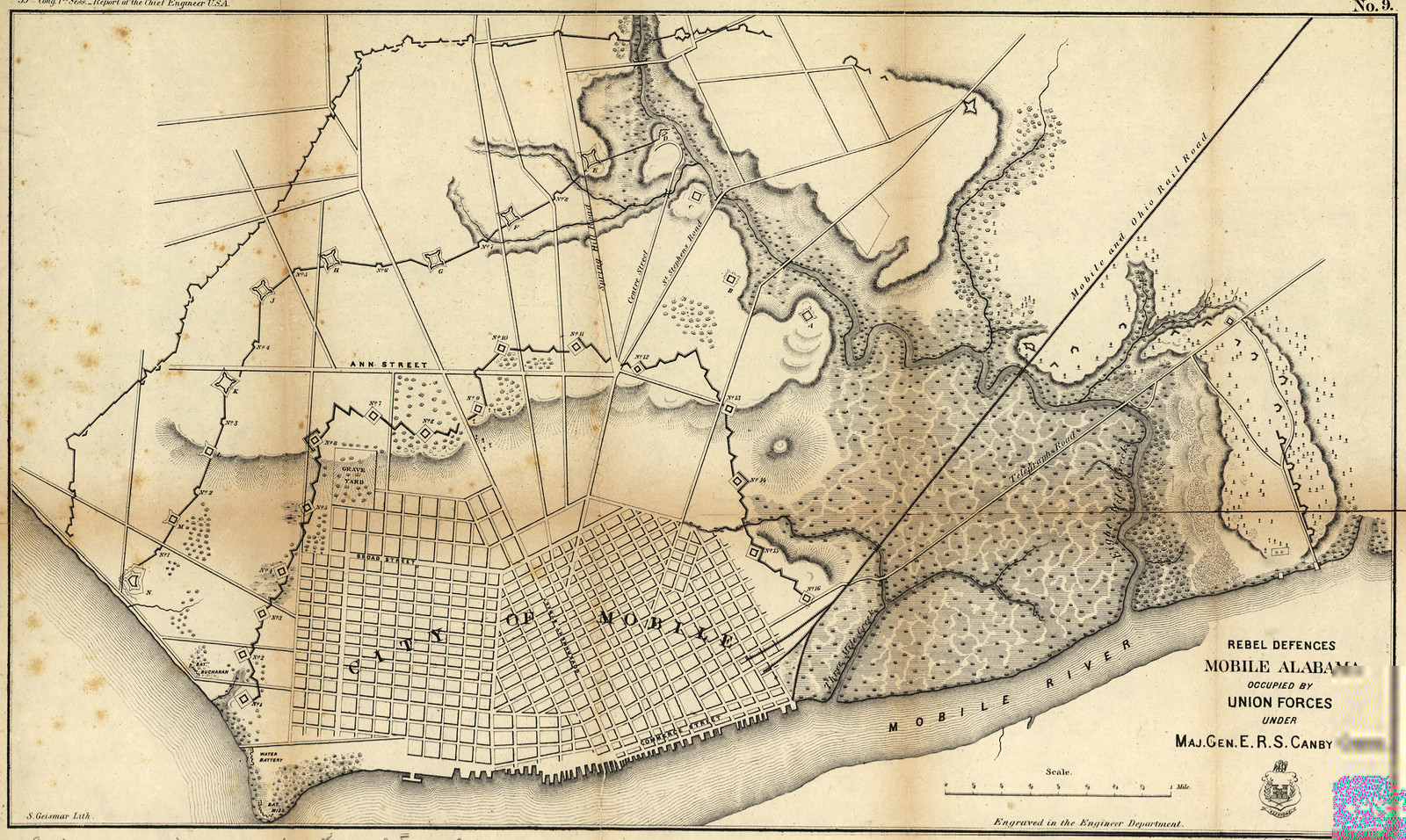 Rebel defences Mobile Alabama occupied by Union forces under Maj Gen ERS Canby, Alabama — antique map