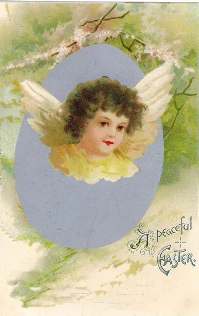 A peaceful Easter greeting card with cherub in egg