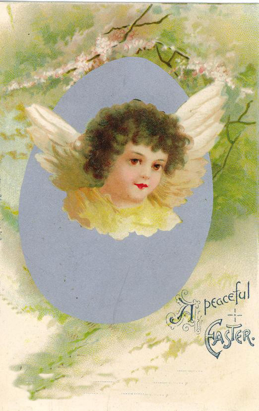A peaceful Easter greeting card with cherub in egg — historic image