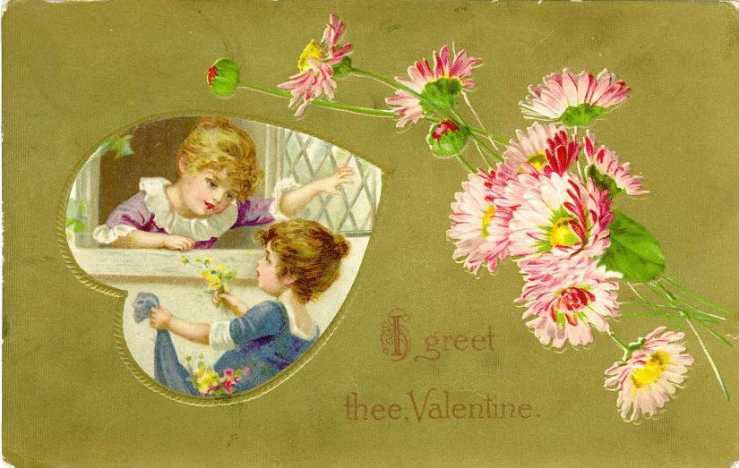 I greet thee, Valentine card with children and daisies — historic image
