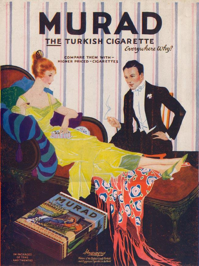 Murad The Turkish Cigarette advertisement with couple and tin — historic image