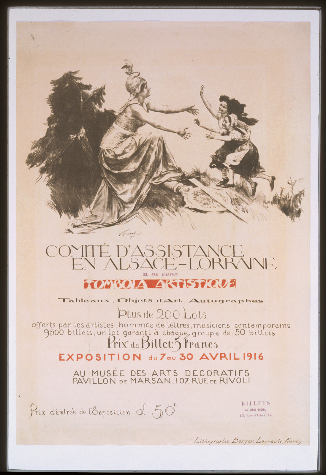 Comiteacute dassistance en Alsace-Lorraine. Tombola artistique. Exposition du 7 au 30 avril 1916 au Museacutee des Arts Deacutecoratifs, 1916 — vintage poster