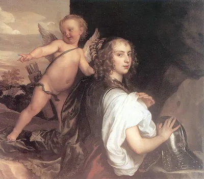 Cupid beside a woman holding a helmet, painted allegory