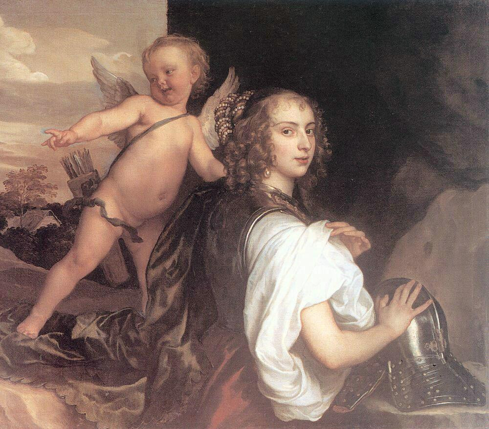 Cupid beside a woman holding a helmet, painted allegory — historic image