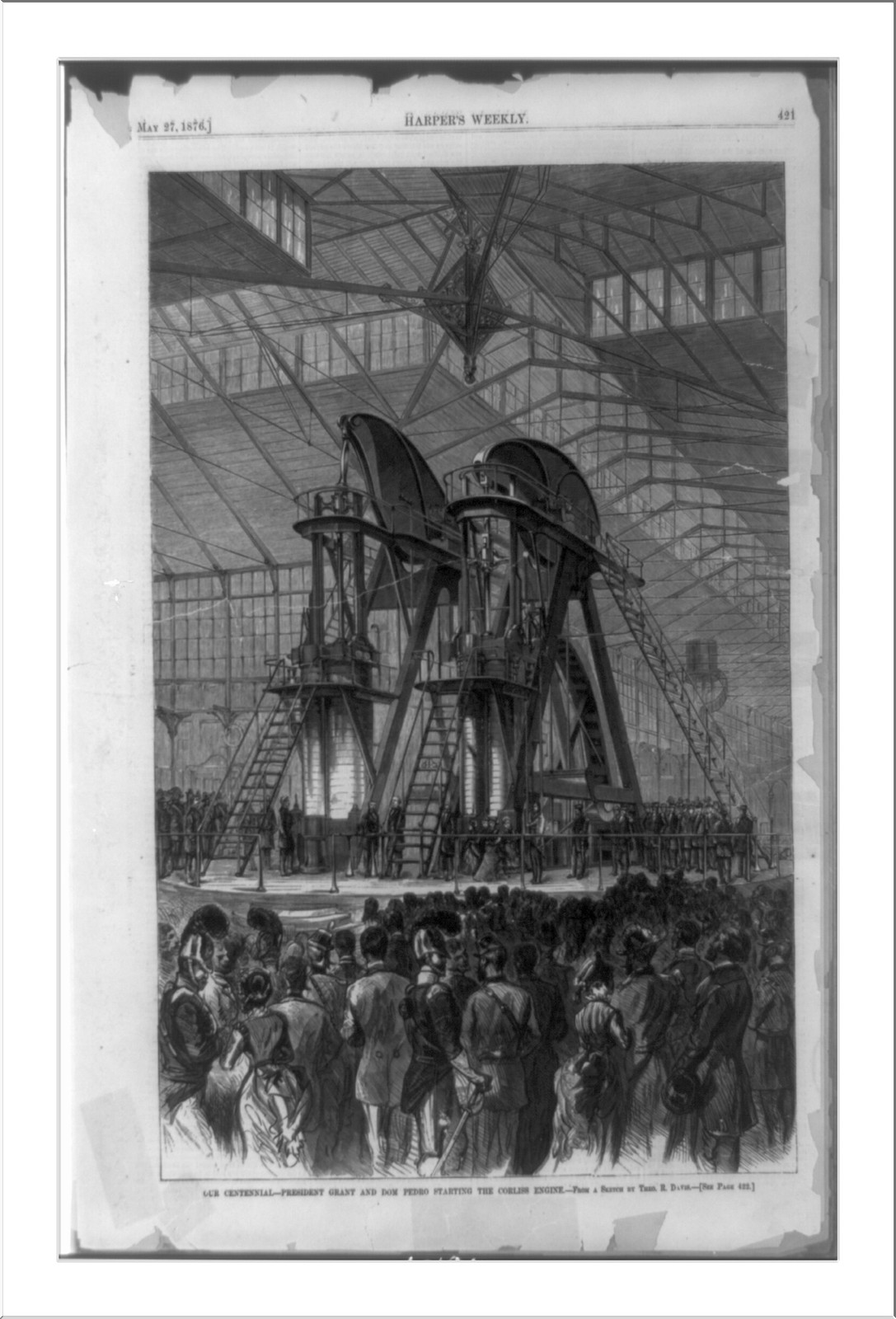 Our centennial--President Grant and Dom Pedro starting the Corliss engine / from a sketch by Theo. R. Davis., 1876 — antique engraving