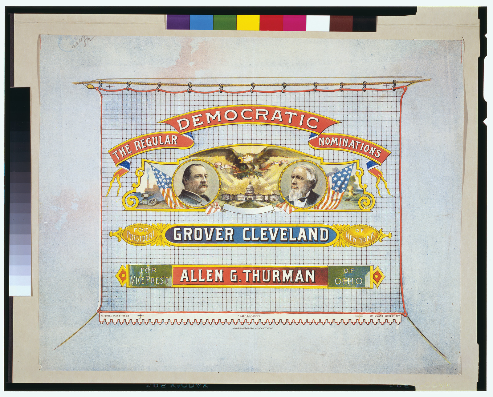 The regular Democratic nominations For President, Grover Cleveland of New York. For Vice Pres't, Allen G. Thurman of Ohio., N.Y. : H.A. Thomas & Wylie lith., [1888?] (N.Y. : Printed by Hojer & Graham) — vintage poster