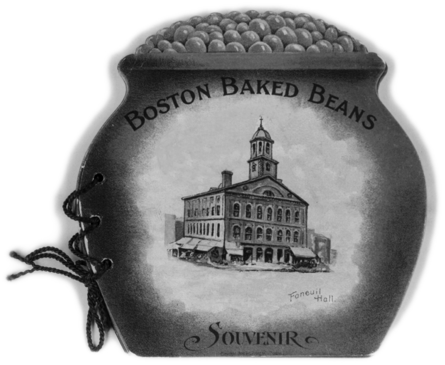 [Cover of souvenier album of historic sites of Boston, shaped as beanpot, with illus. of Faneuil Hall], c1896. — antique lithograph