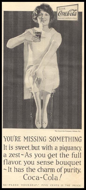 Coca-Cola advertisement: woman drinking Coca-Cola, "You're Missing Something — historic image