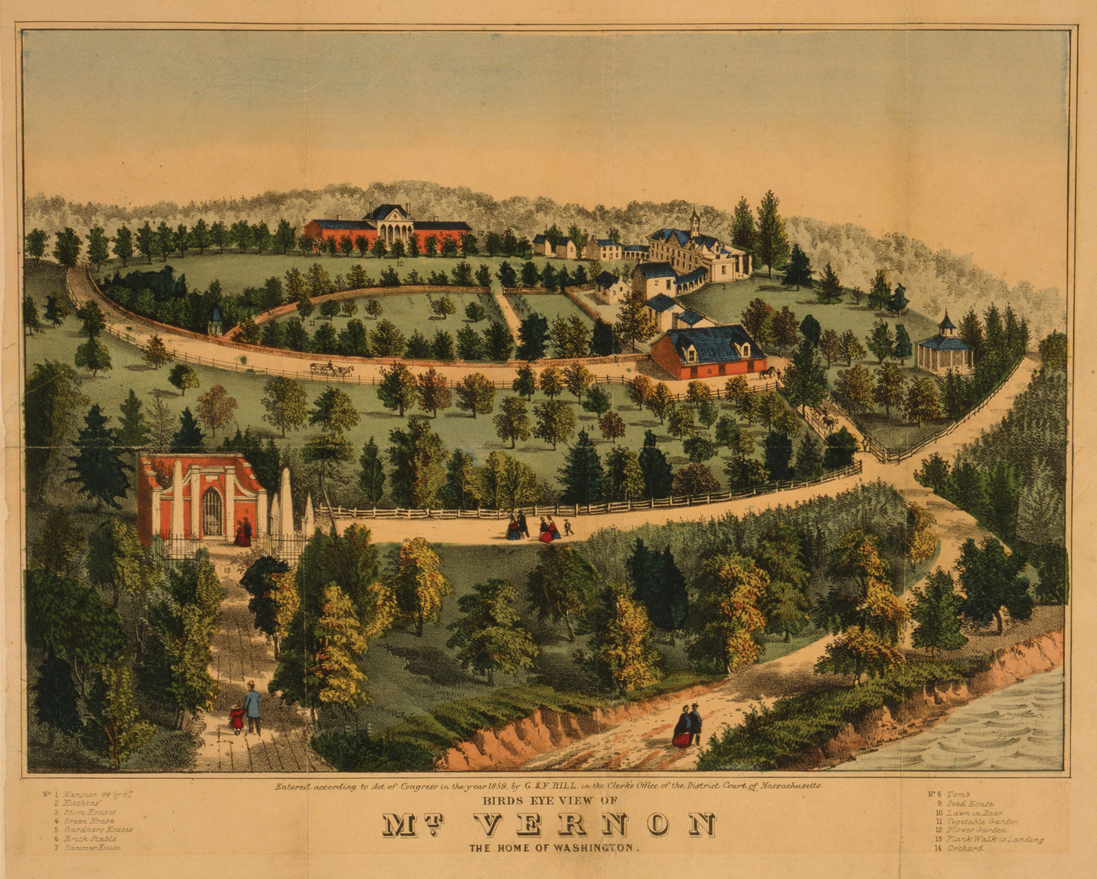 Birds eye view of Mt. Vernon, the home of Washington, c1859. — antique lithograph