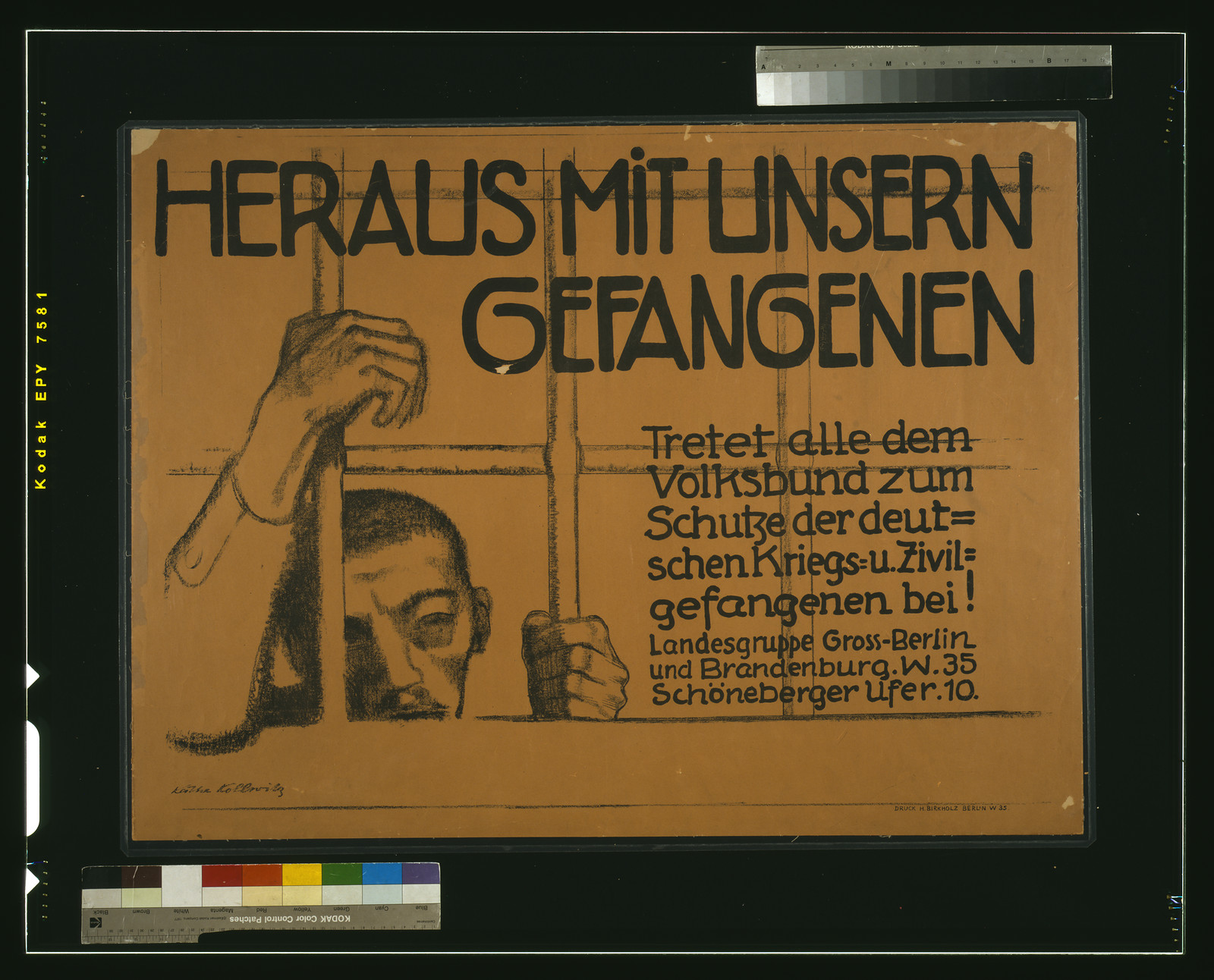 Heraus mit unsern Gefangenen! Tretet alle dem Volksbund zum Schutze der deutschen Kriegs- u. Zivilgefangenen bei! / Kathe Kollwitz., 1919 — vintage poster
