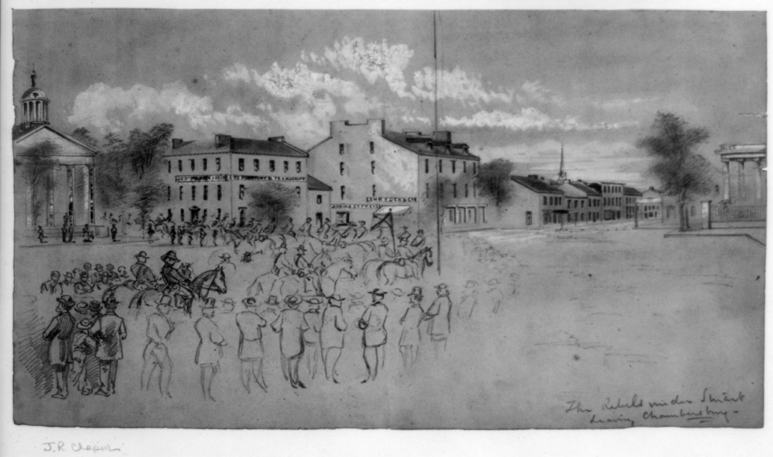 The rebels under Stuart leaving Chambersburg, [1864 October 11] — historic drawing