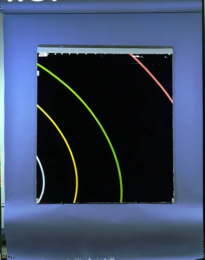 Curved green, yellow, pink and white arcs on black