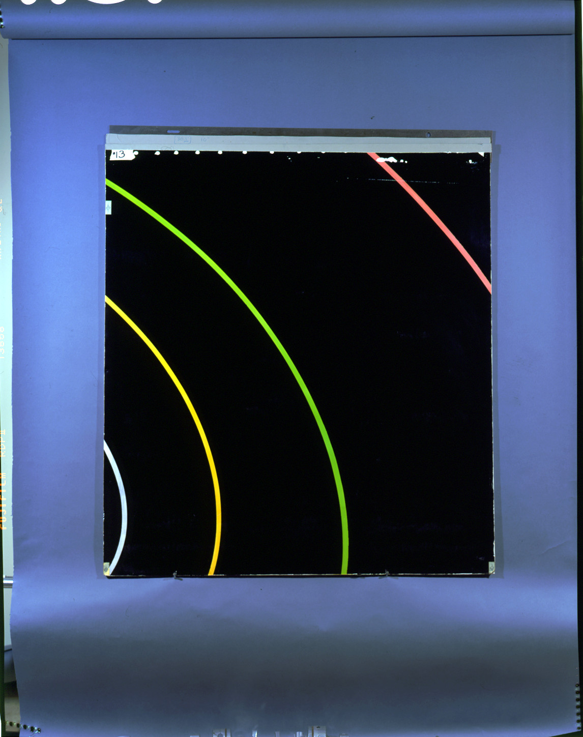 Curved green, yellow, pink and white arcs on black — historic image