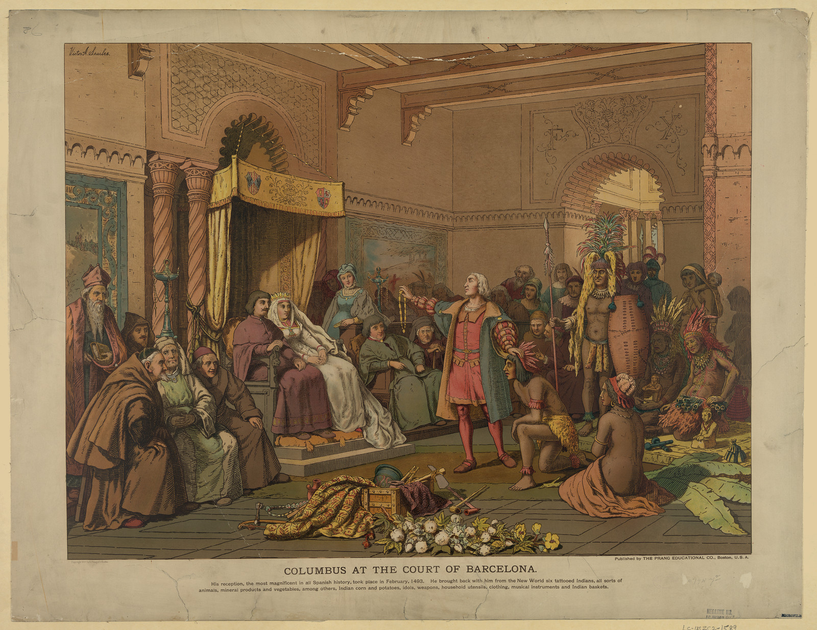 Columbus at the Court of Barcelona, chromolithograph print — antique lithograph